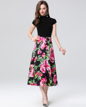 Printing high waist skirt splice slim sweater 2pcs set