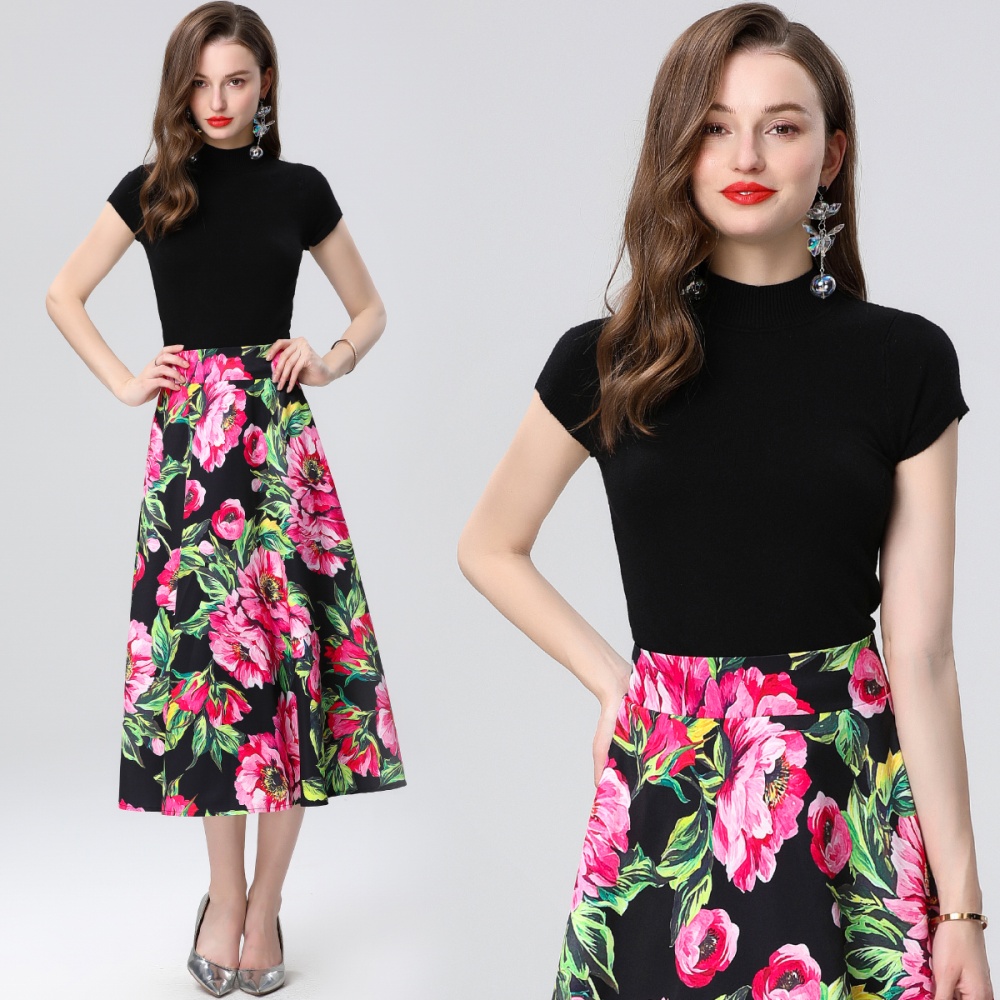 Printing high waist skirt splice slim sweater 2pcs set