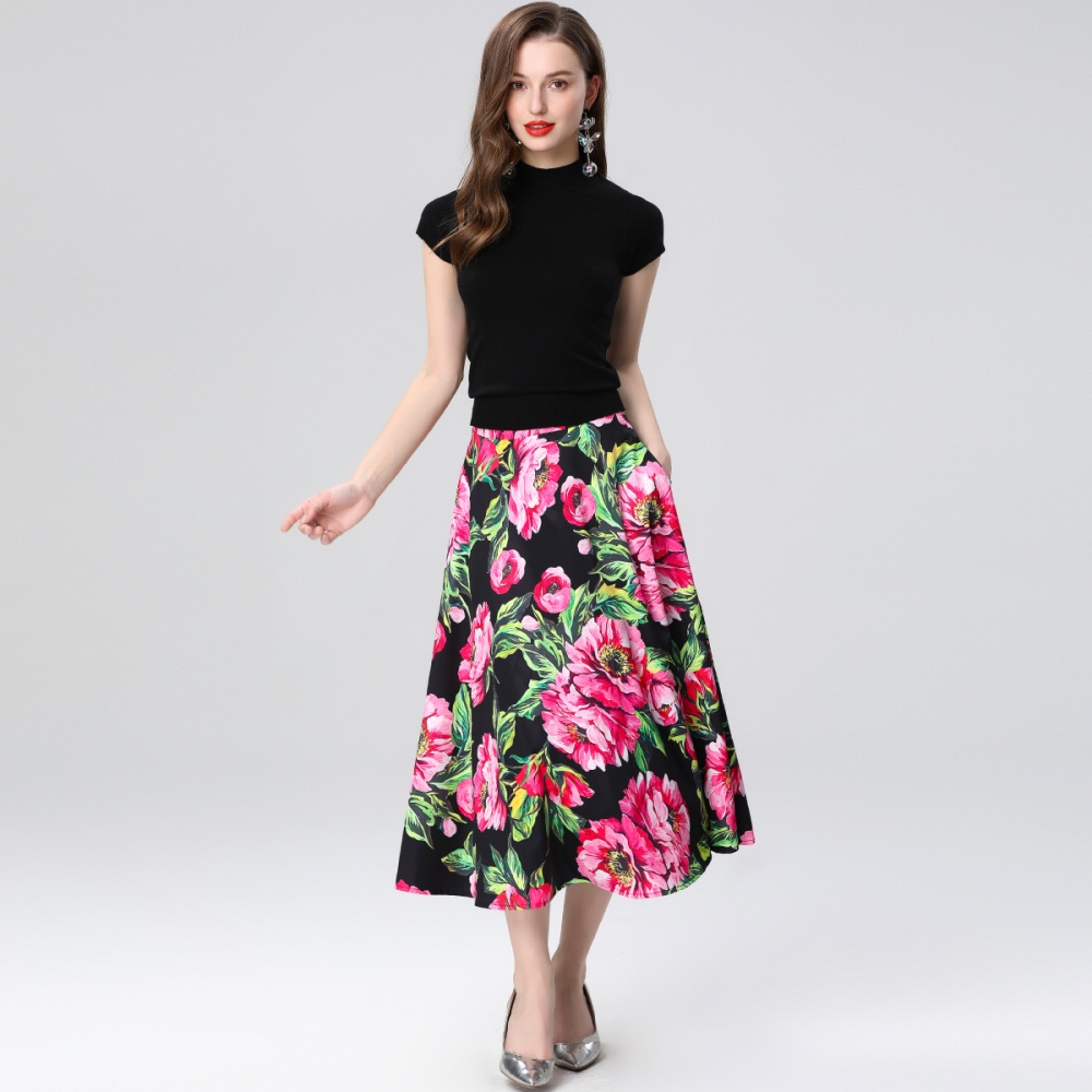 Printing high waist skirt splice slim sweater 2pcs set