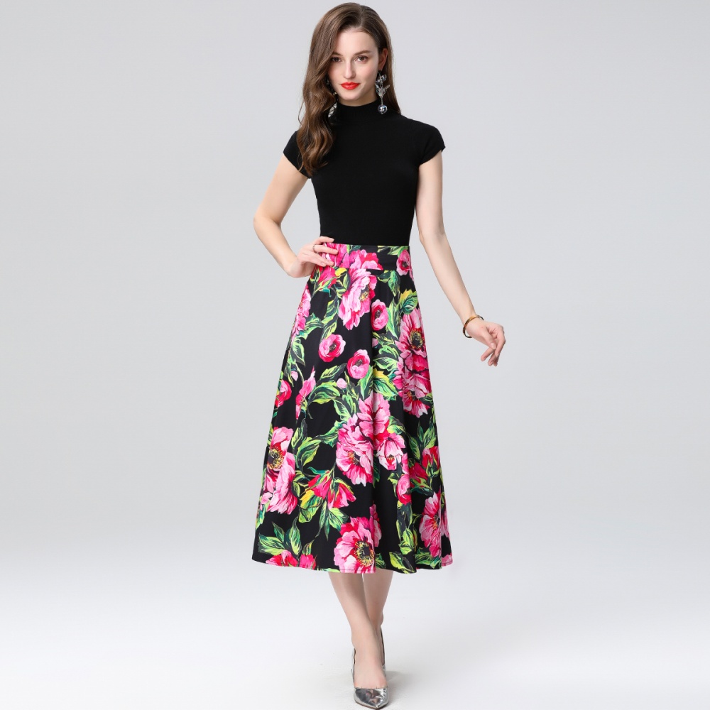 Printing high waist skirt splice slim sweater 2pcs set