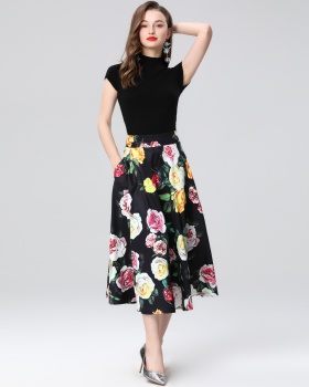 Big skirt high waist skirt printing round neck dress 2pcs set