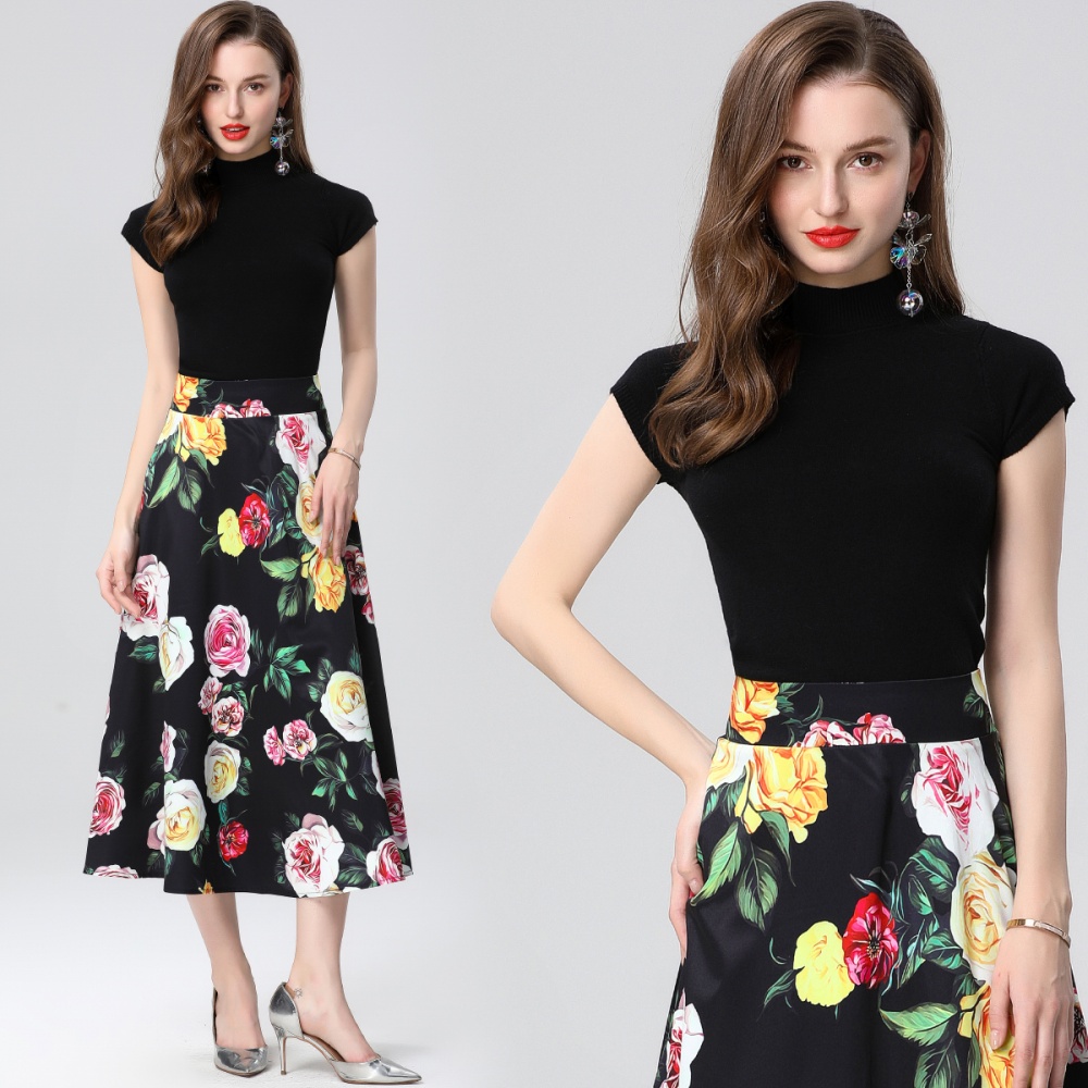 Big skirt high waist skirt printing round neck dress 2pcs set