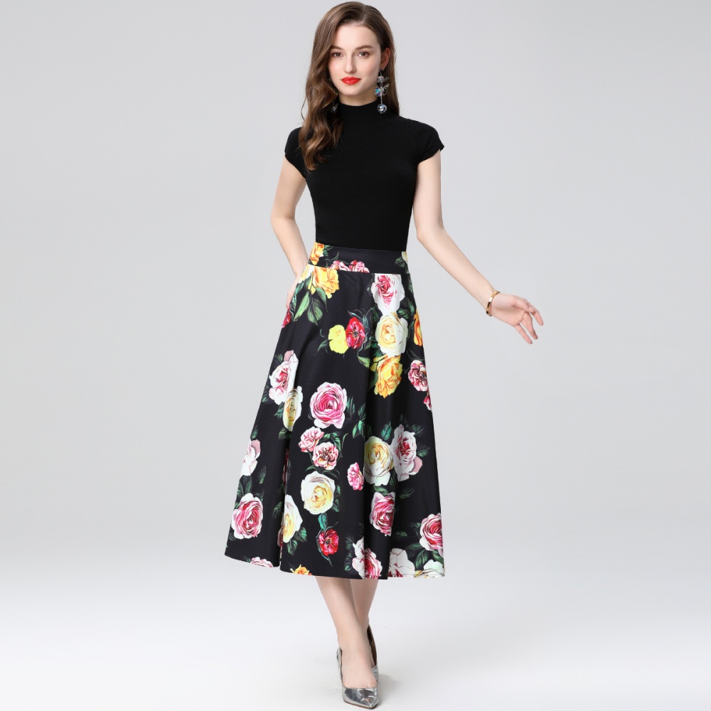 Big skirt high waist skirt printing round neck dress 2pcs set