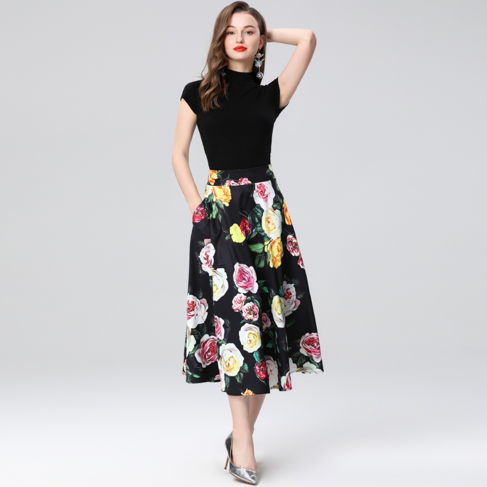 Big skirt high waist skirt printing round neck dress 2pcs set