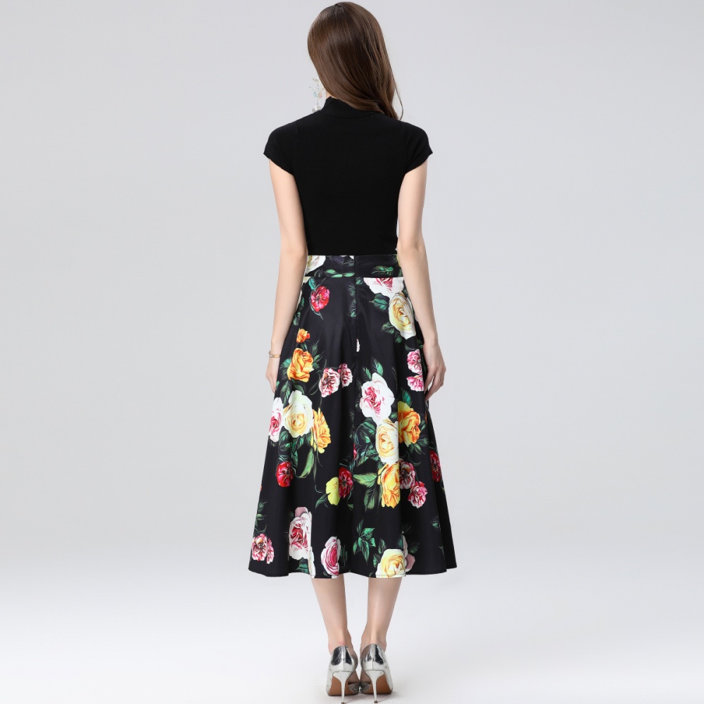 Big skirt high waist skirt printing round neck dress 2pcs set