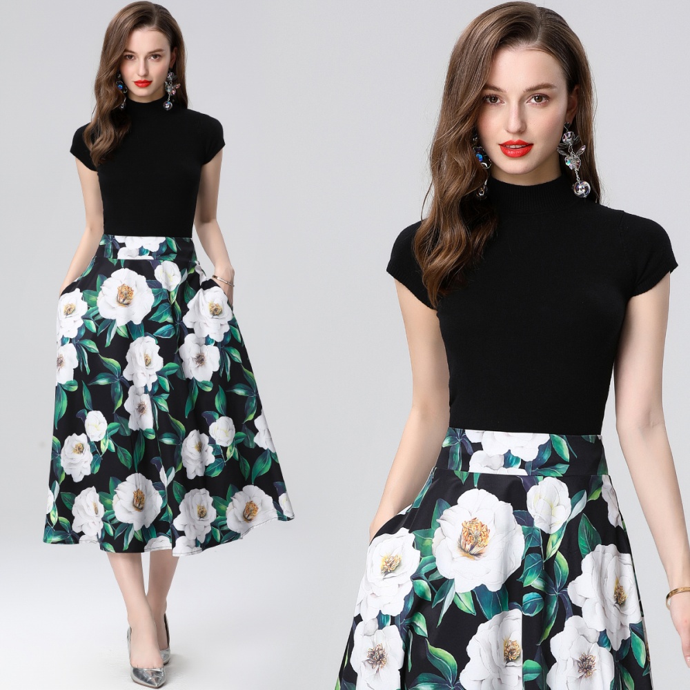 Big skirt slim sweater splice printing skirt 2pcs set