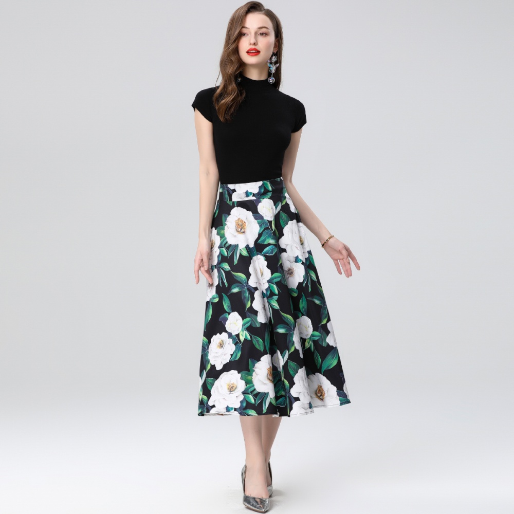 Big skirt slim sweater splice printing skirt 2pcs set