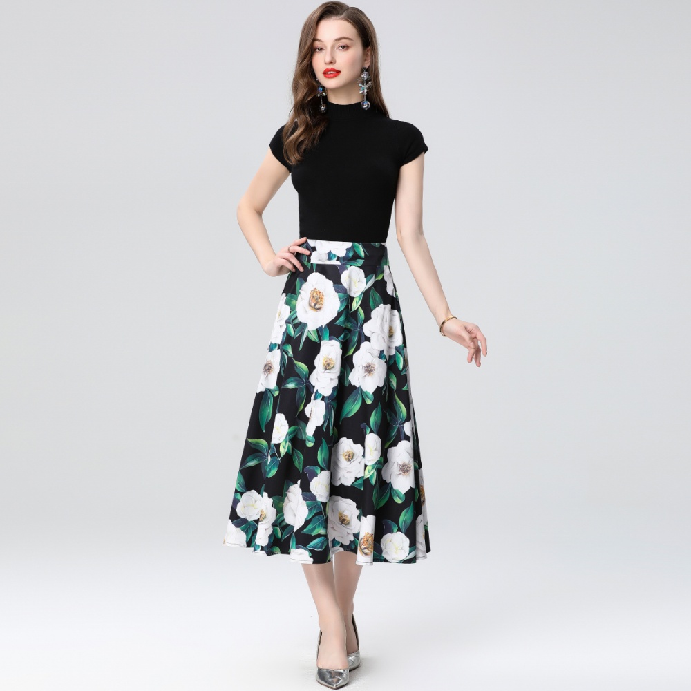 Big skirt slim sweater splice printing skirt 2pcs set