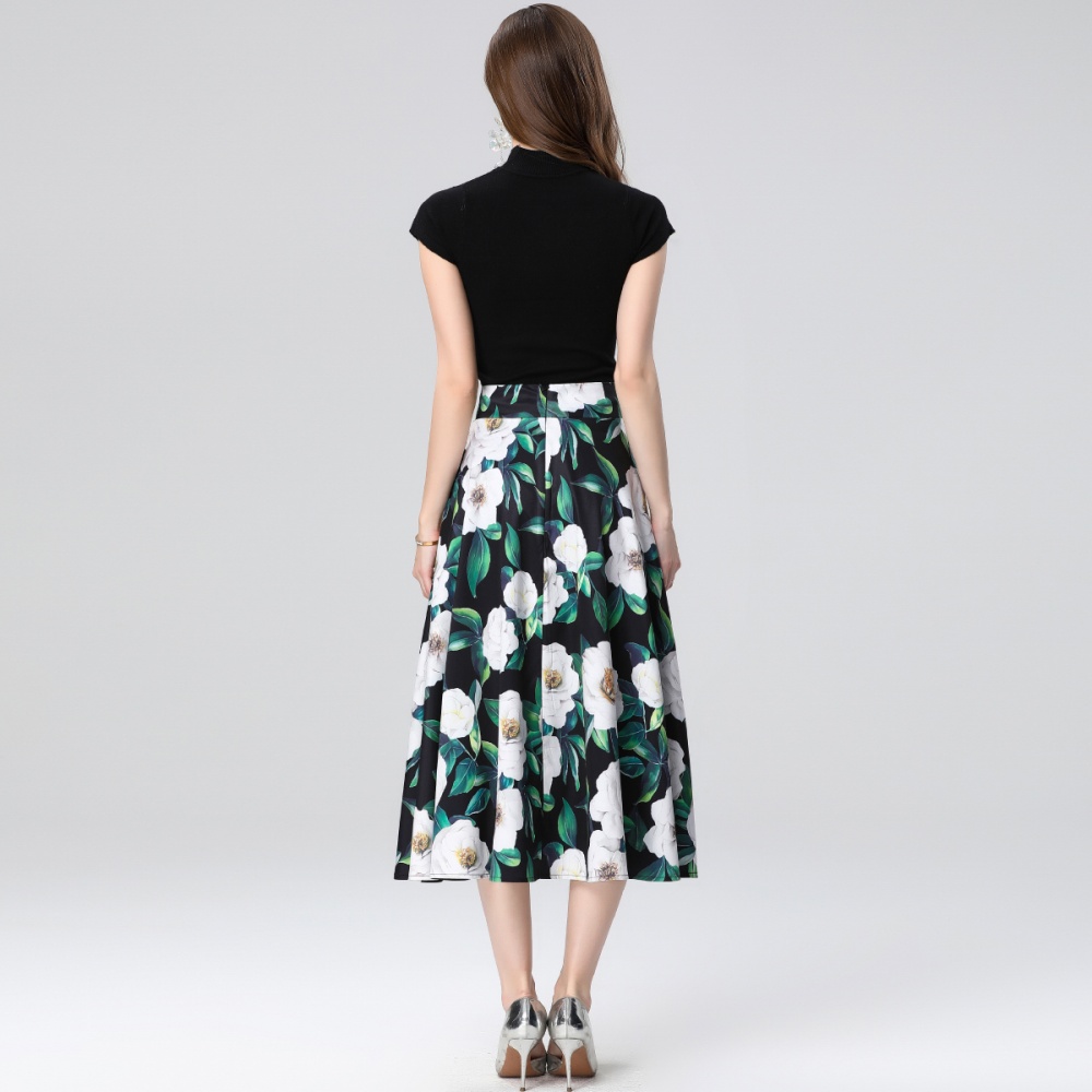 Big skirt slim sweater splice printing skirt 2pcs set