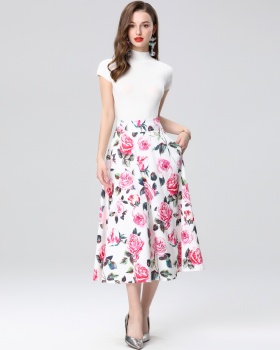 High waist big skirt dress printing skirt 2pcs set