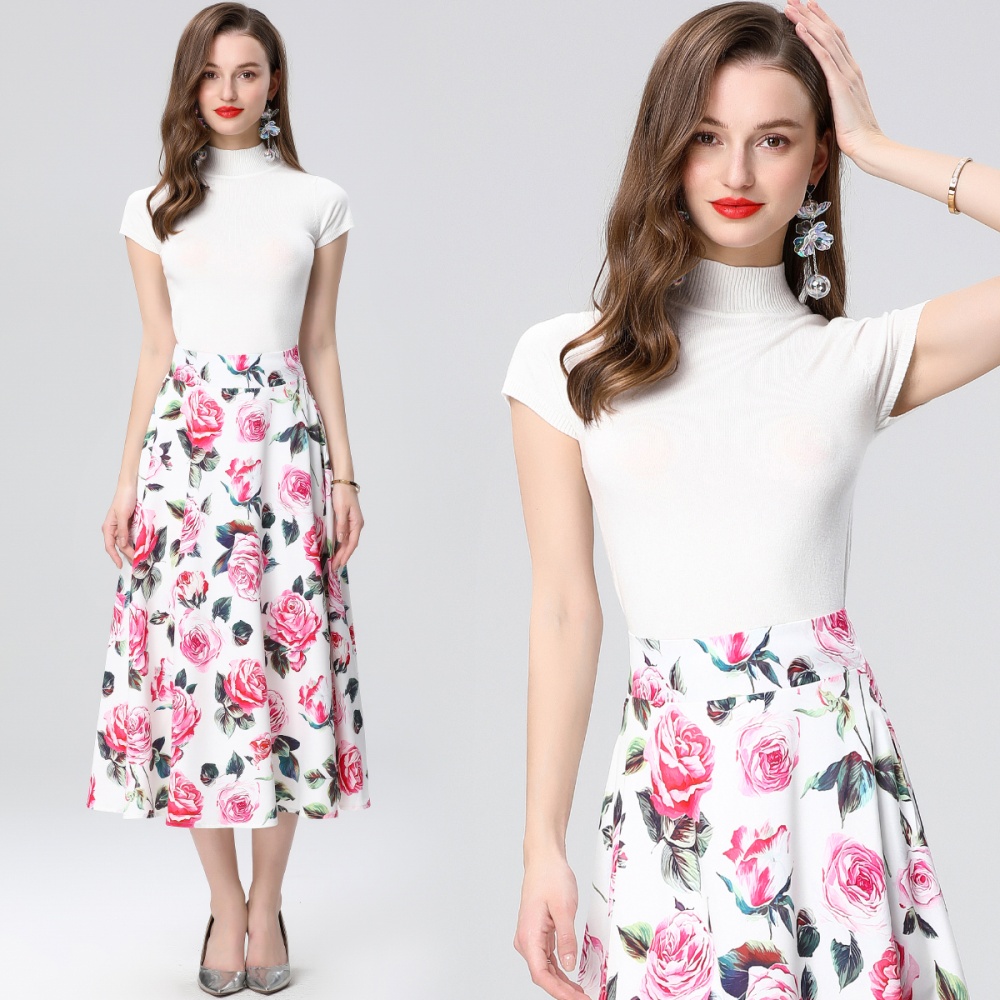 High waist big skirt dress printing skirt 2pcs set