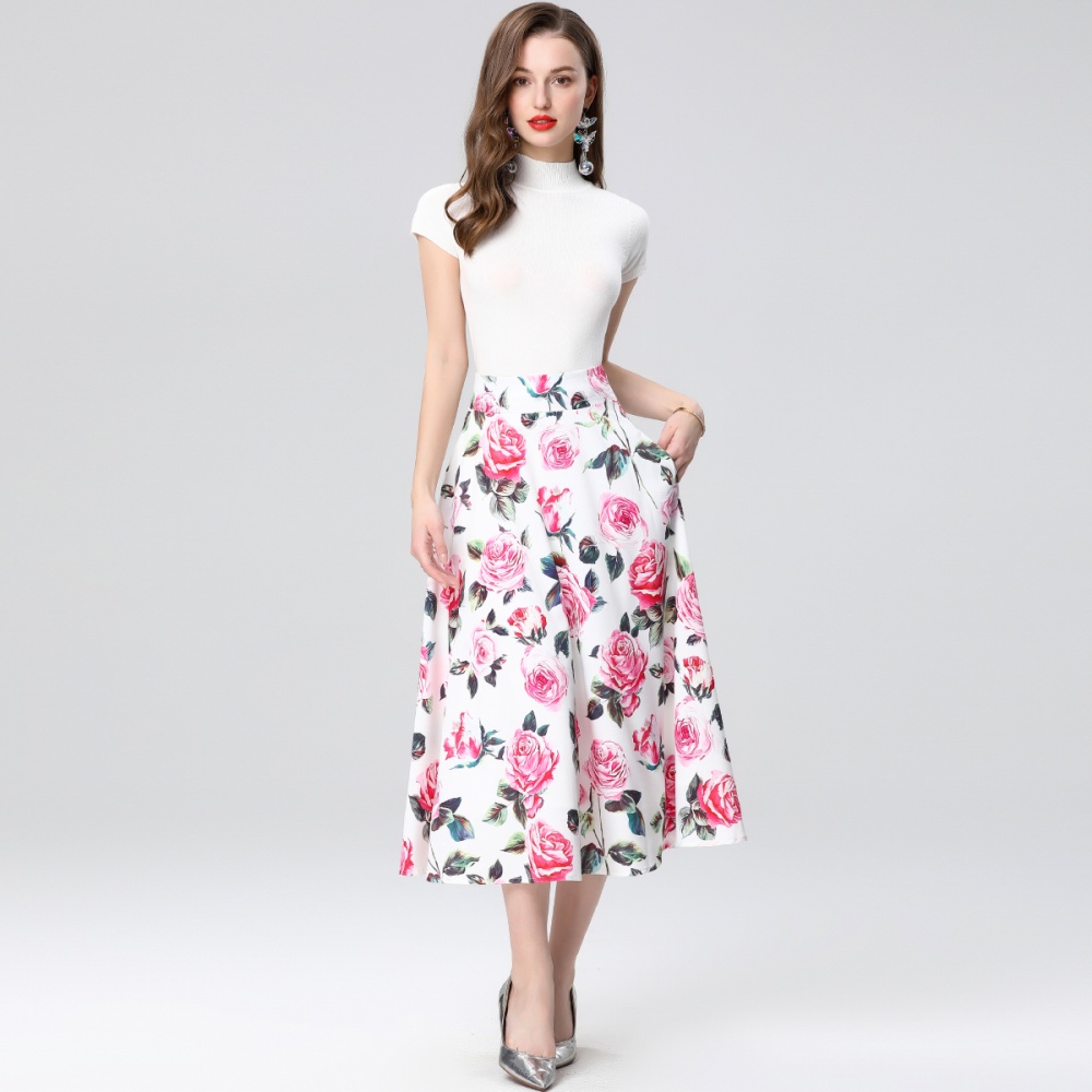 High waist big skirt dress printing skirt 2pcs set