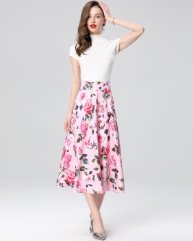 High waist sweater round neck skirt 2pcs set