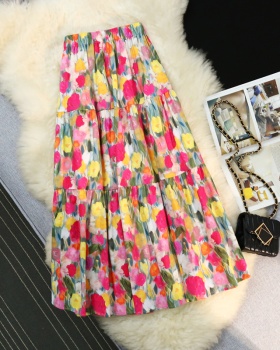 Elastic floral printing retro colors A-line skirt