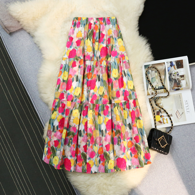 Elastic floral printing retro colors A-line skirt