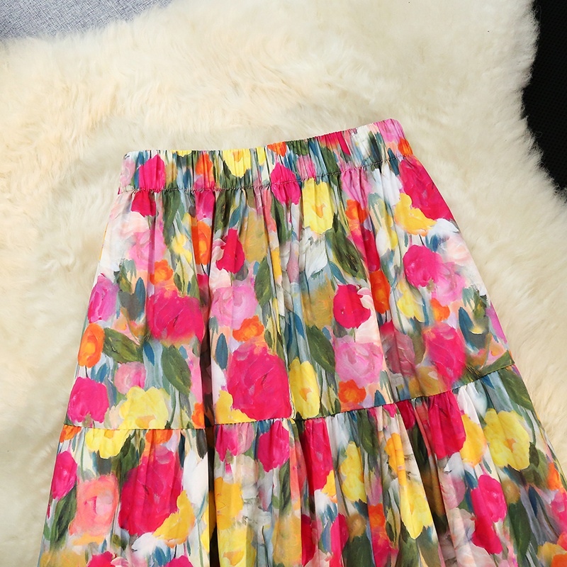 Elastic floral printing retro colors A-line skirt