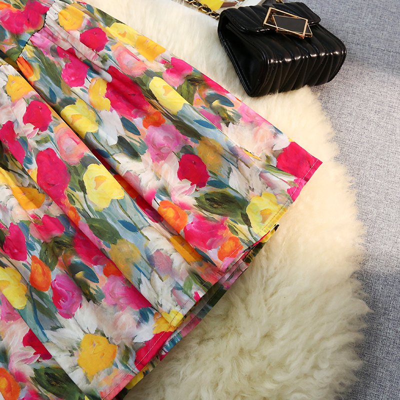 Elastic floral printing retro colors A-line skirt