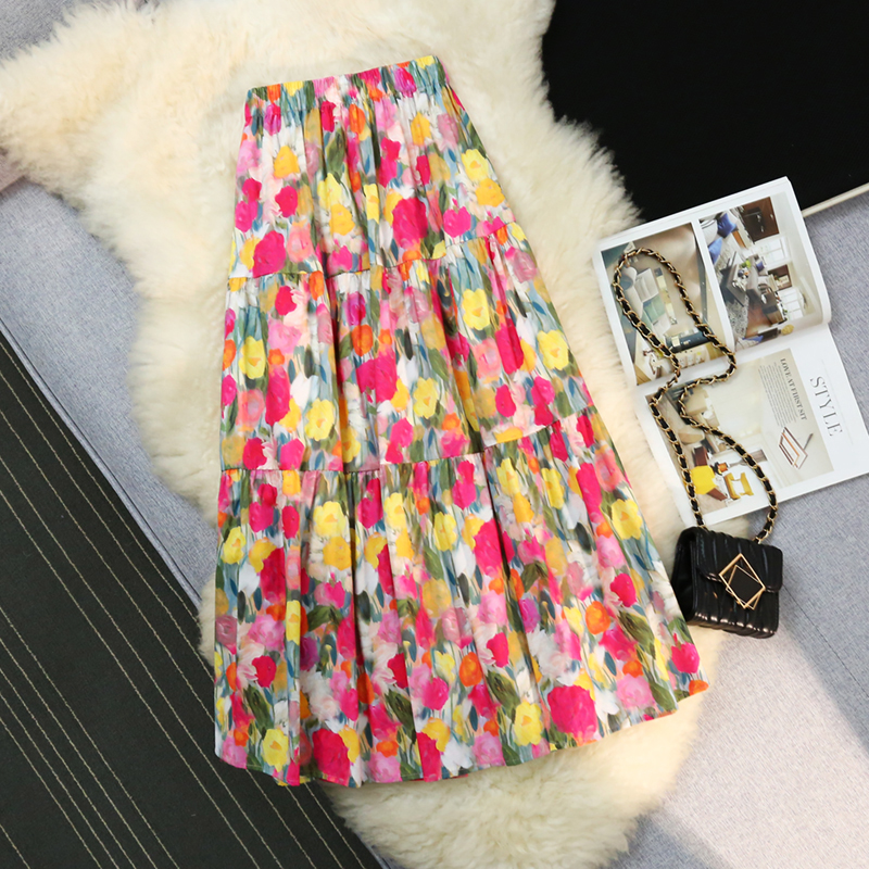 Elastic floral printing retro colors A-line skirt