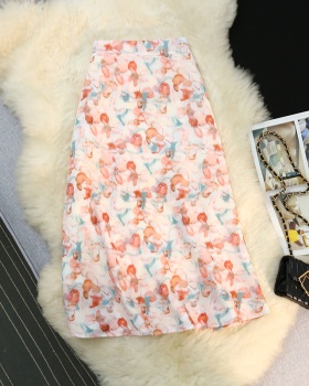 Korean style painting long elastic waist A-line thin skirt