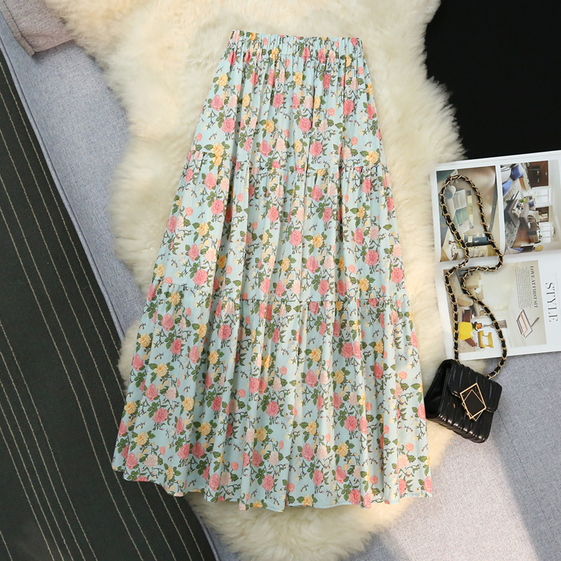 Long printing elastic big skirt art high waist skirt