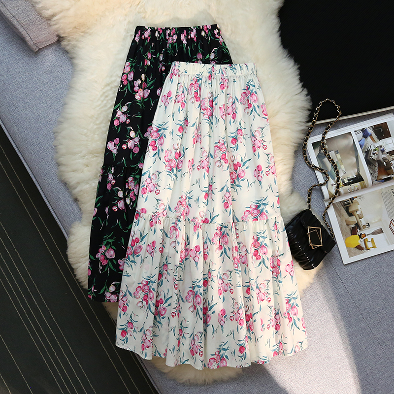 A-line long spring and summer retro floral skirt for women