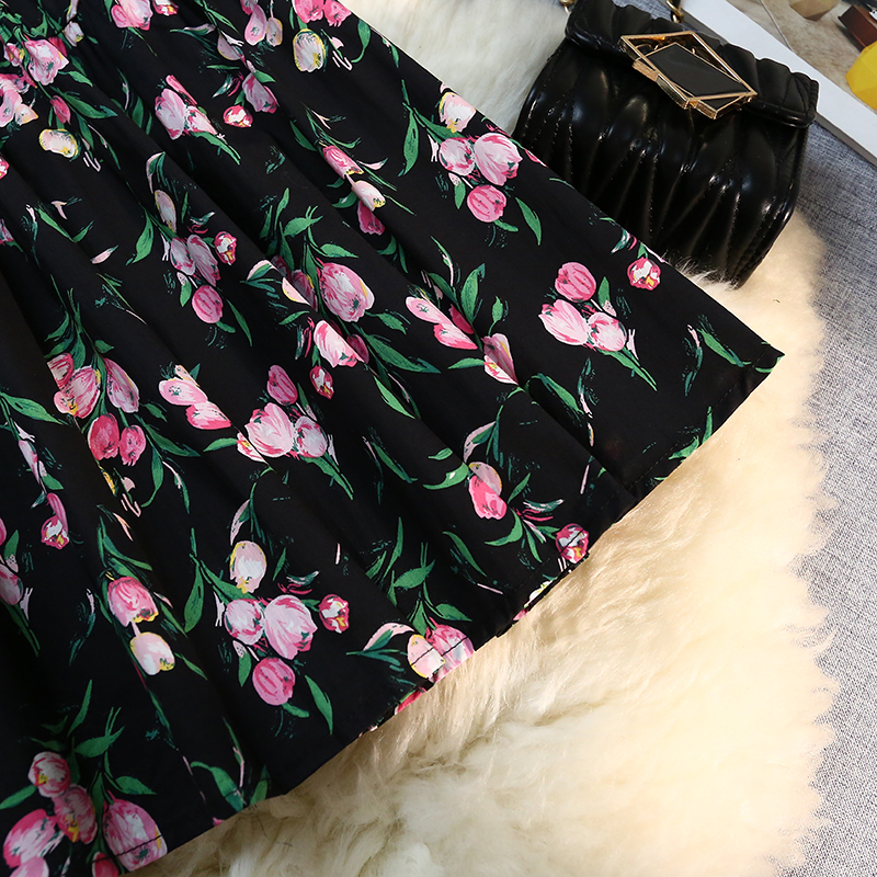 A-line long spring and summer retro floral skirt for women