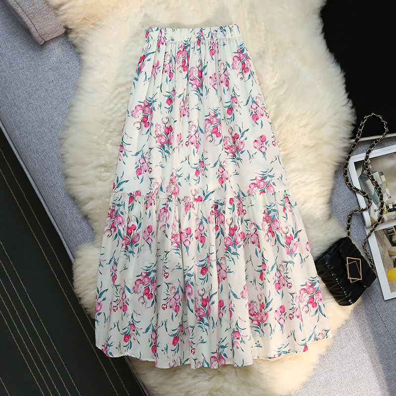 A-line long spring and summer retro floral skirt for women