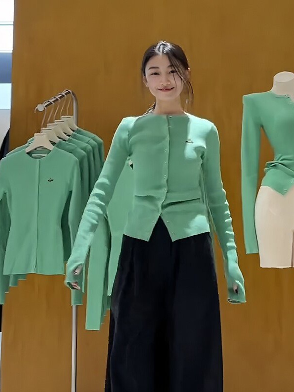 Bottoming round neck cardigan green tops for women