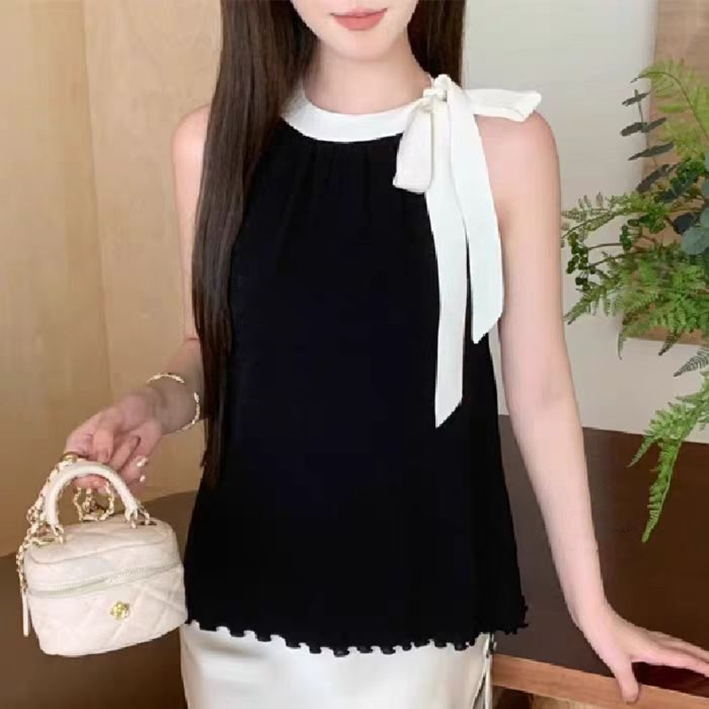 Niche sleeveless summer tops knitted bow vest