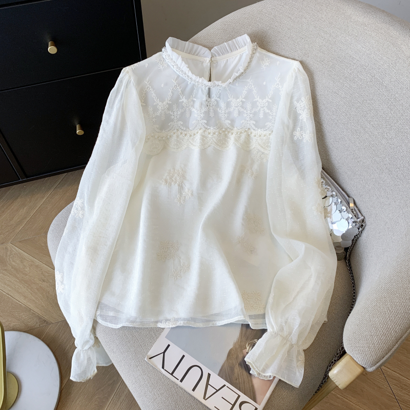 Embroidery spring tops beading shirt for women