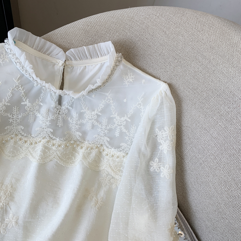 Embroidery spring tops beading shirt for women