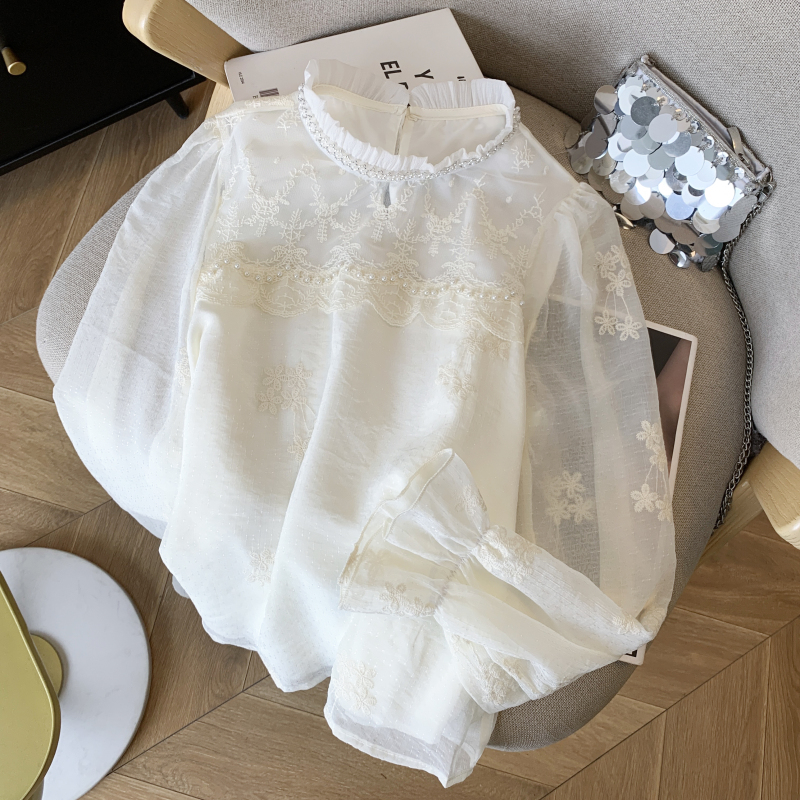 Embroidery spring tops beading shirt for women