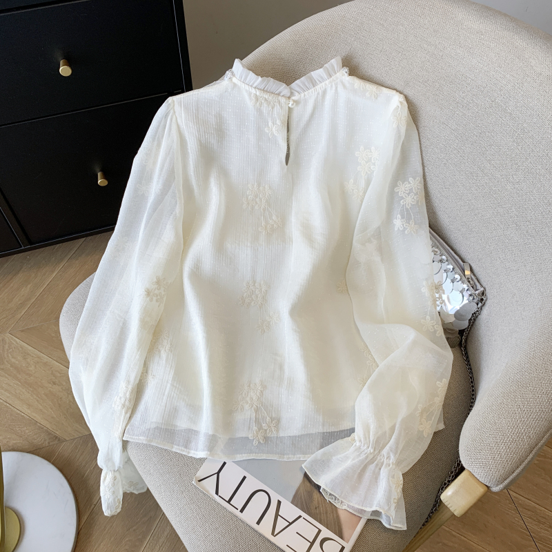 Embroidery spring tops beading shirt for women