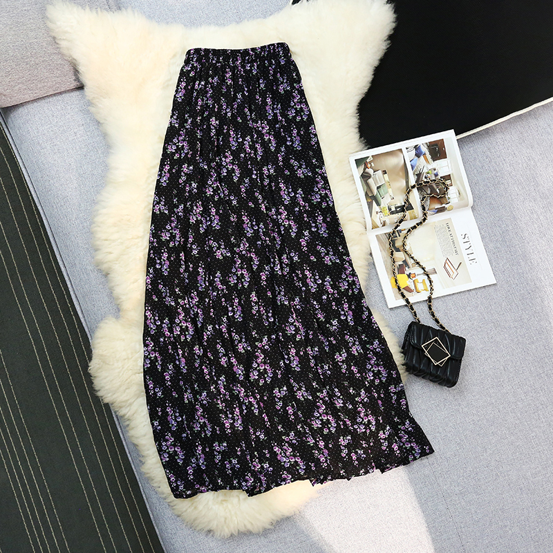 Cake chiffon splice elastic floral high waist slim skirt