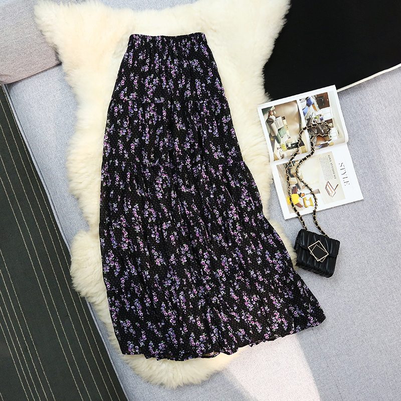 Cake chiffon splice elastic floral high waist slim skirt