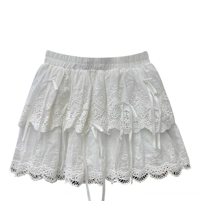 Lace cake bow lady dress A-line ballet white skirt