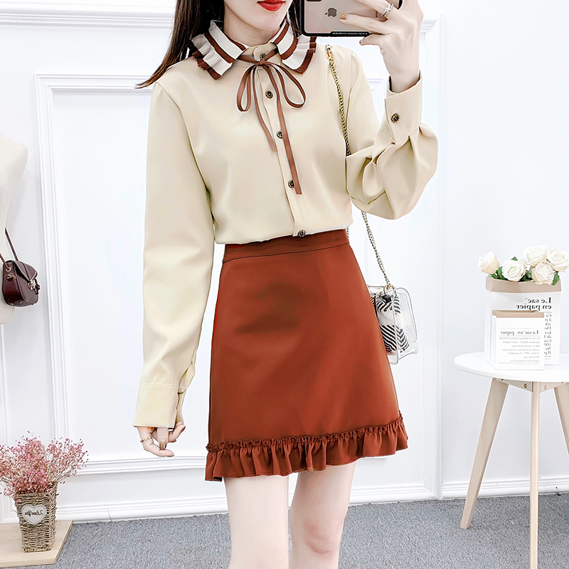 Fungus college chiffon shirt tender spring short skirt a set