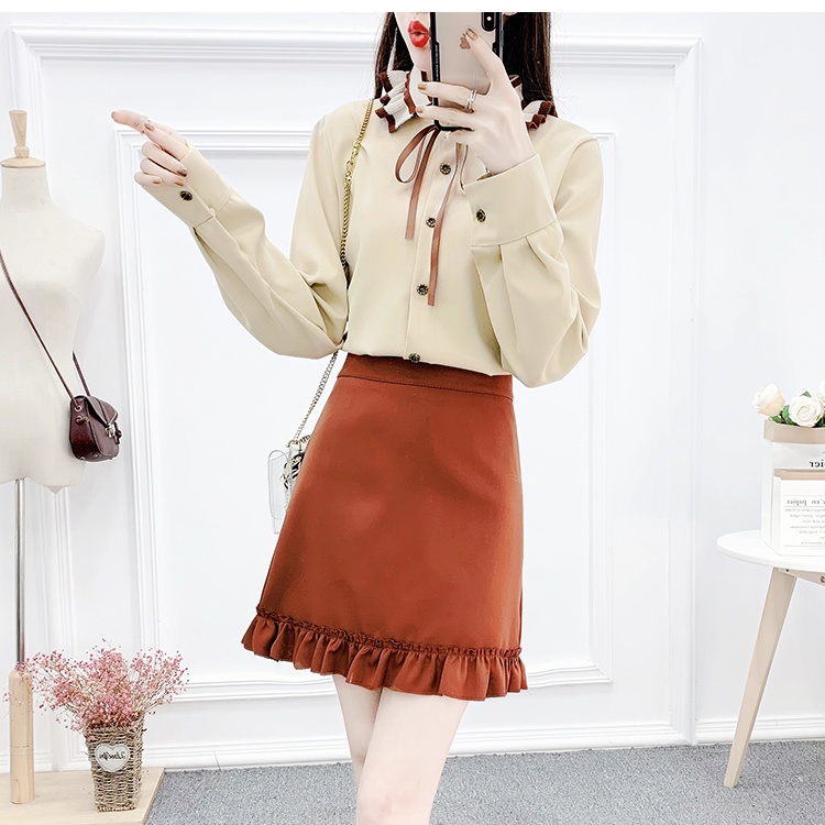 Fungus college chiffon shirt tender spring short skirt a set