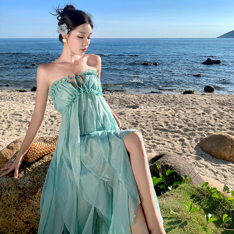 Sandy beach sling lady dress refinement seaside long dress