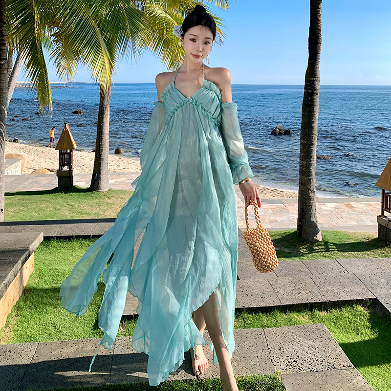 Sandy beach sling lady dress refinement seaside long dress