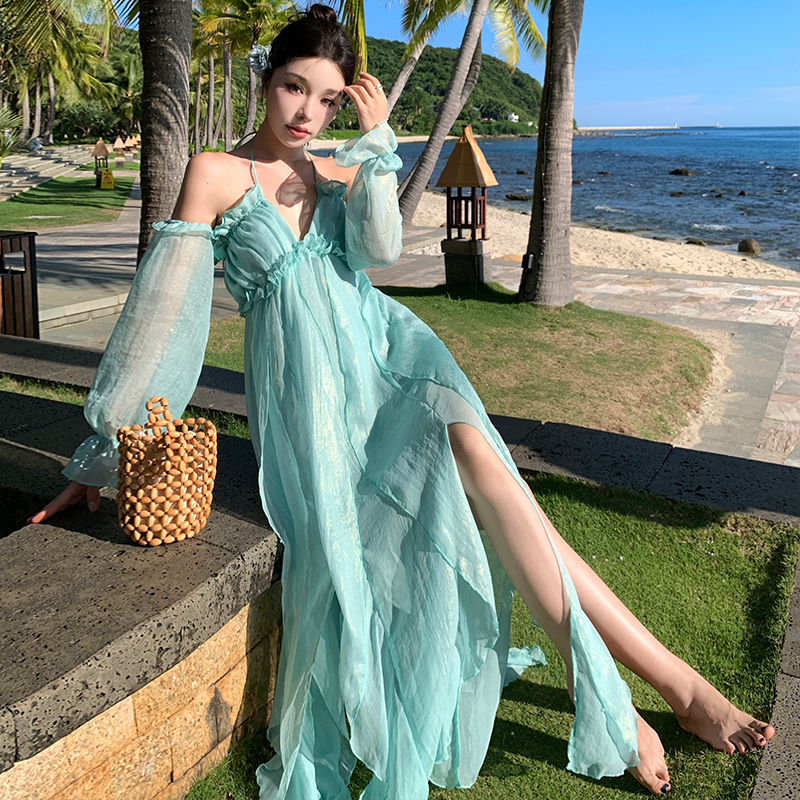 Sandy beach sling lady dress refinement seaside long dress