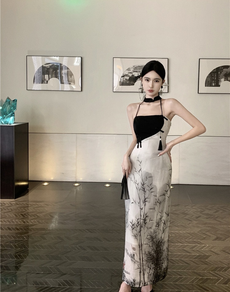 Halter sleeveless printing Chinese style ink dress