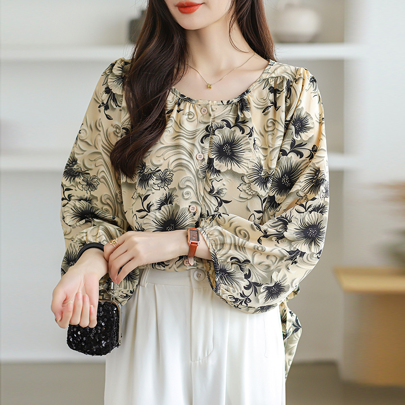 Lace long sleeve shirt round neck show young tops for women