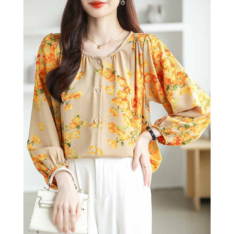 Large yard floral tops loose round neck shirt for women