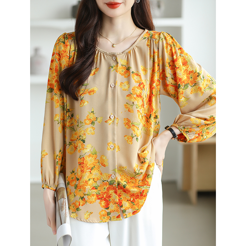 Large yard floral tops loose round neck shirt for women