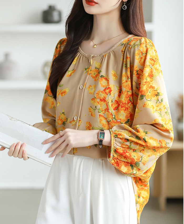 Large yard floral tops loose round neck shirt for women