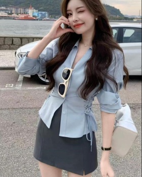 Pinched waist short skirt Korean style shirt a set