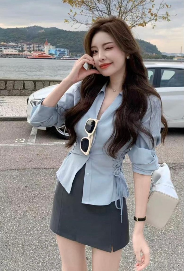 Pinched waist short skirt Korean style shirt a set