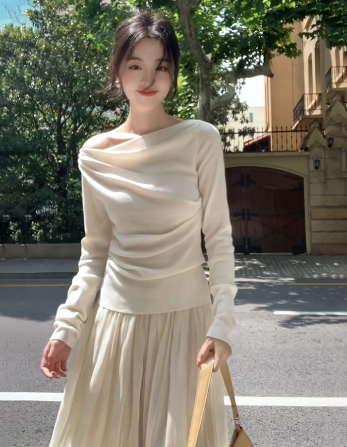 Slim horizontal collar long sleeve tops for women