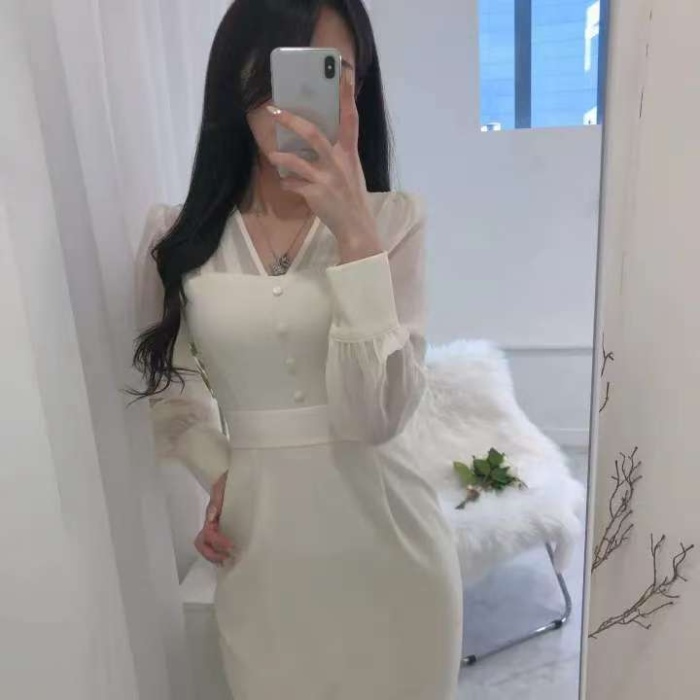 France style Korean style elegant splice package hip dress